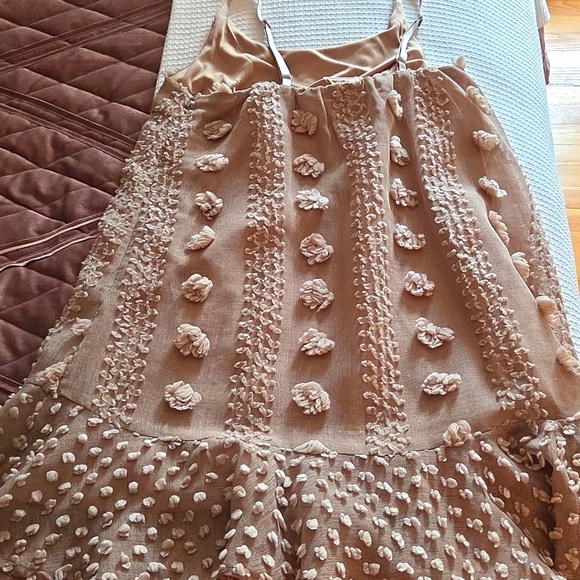 &Merci Elegant Tan Textured Women's Sheer Dress With Slip Under - Picture 5 of 8